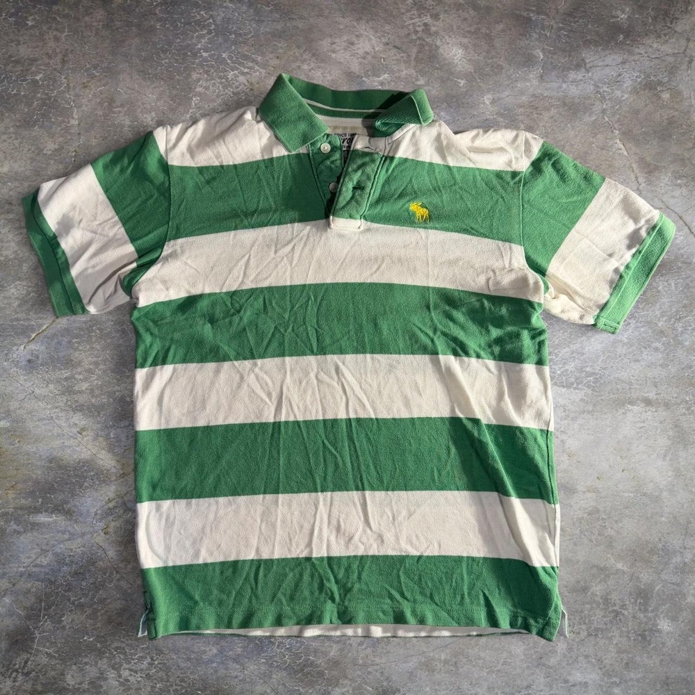 Abercrombie Mens Green White Striped Moose Logo Polo Shirt XL Y2K Preppy